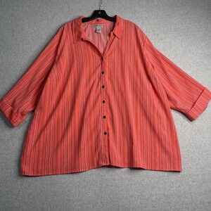 Catherines Tunic Top Women 3X 26/28W Roll Tab Button Up Pink Striped Polka Dots